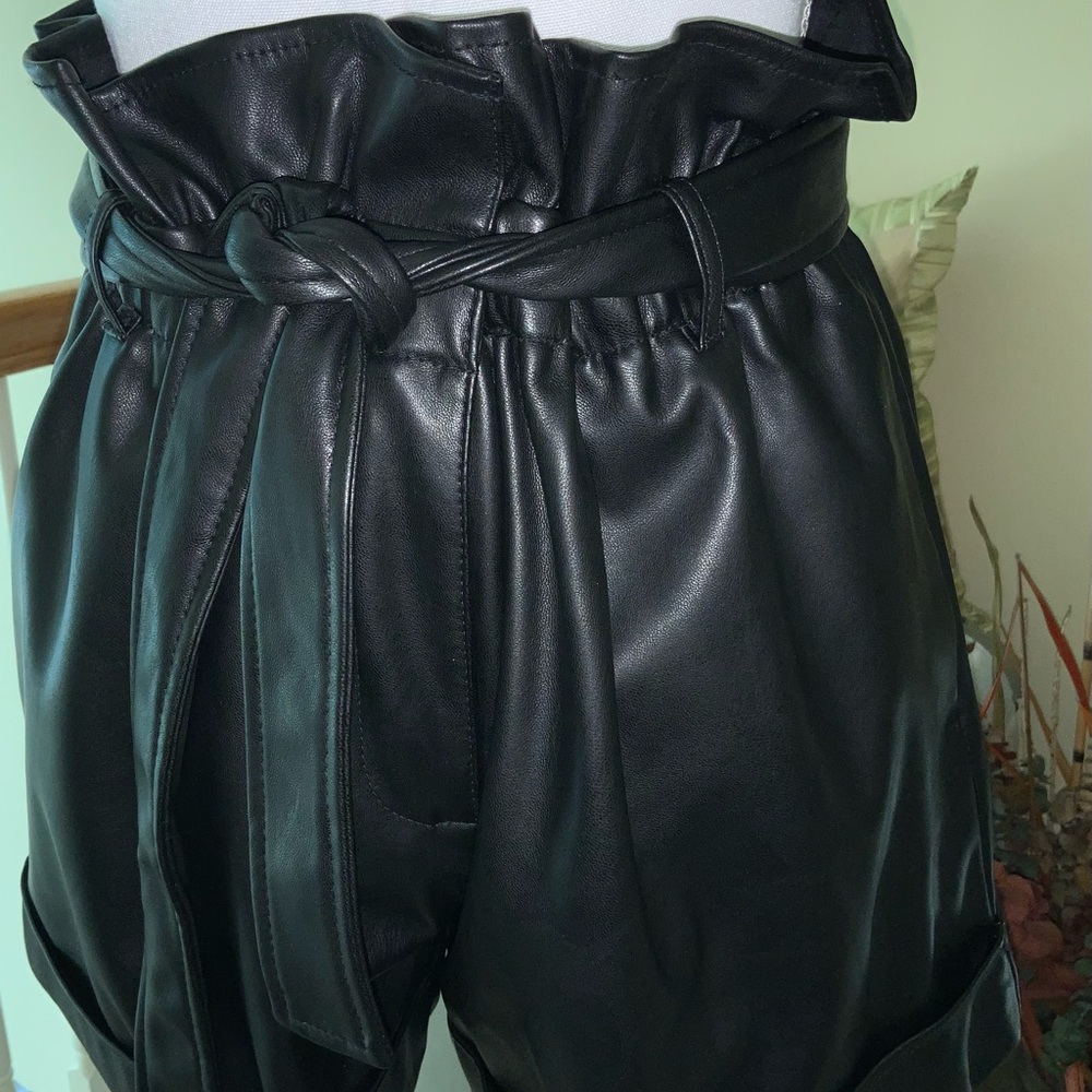 Aqua -Black Faux Leather Paperbag Waist Shorts